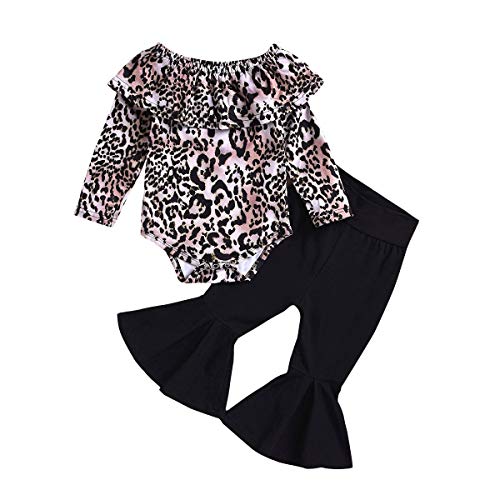 Tianhaik Conjuntos de Mameluco de Manga Larga con Estampado de Leopardo de bebé niña + Pantalones de Campana Negros