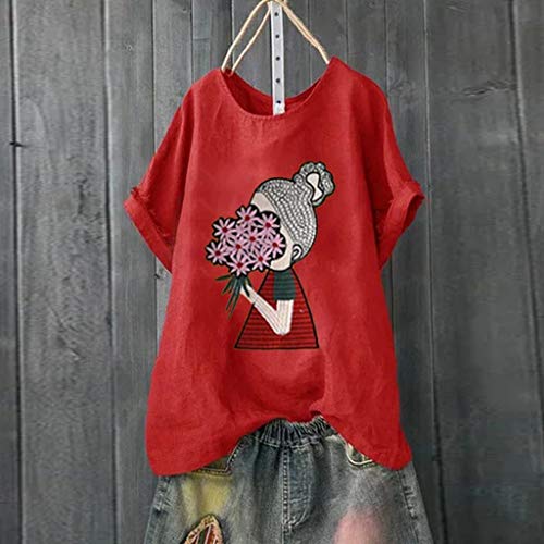 TUDUZ Blusas Mujer Manga Corta Verano Camisas Camiseta de Algodón y Lino con Estampado de Dibujos Animados (Rojo.b, XXL)