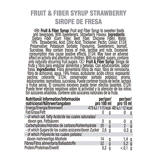 Weider Fruit & Fiber Syrup Fresa 250 ml. Sirope de fresa Bajo en azúcares 49% de Fibra Con fruta real.