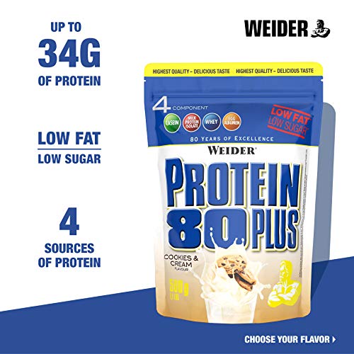 Weider Protein 80 Plus, Proteina de suero de suero de leche, Sabor Cookies & Cream, 500 gr