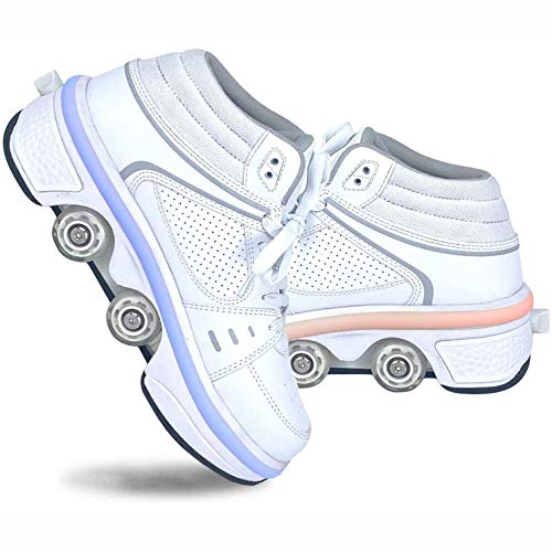 Zapatillas De Skate Unisex para Niños con LED, Monopatín Deportivo con Cuatro Ruedas Dobles, 7 Colores, Patines Luminosos Intermitentes, Zapatillas Deportivas Ajustables para Exteriores,White-38