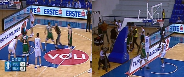 Un aficionado del Buducnost recibe este tremendo puñetazo tras intentar agredir a un jugador