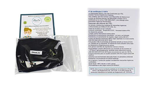 1 Mascarilla Negra Homologada Reutilizable, Talla Unisex, No Necesita Filtro. Cetificado (C-13674) Cumple Norma UNE 0065:2020. 100% Algodón Orgánico Antibacteriano. (1 Unisex, Negro) 1 Mascarilla Negra Homologada Reutilizable, Talla Unisex, No Necesita Filtro. Cetificado (C-13674) Cumple Norma UNE 0065:2020. 100% Algodón Orgánico Antibacteriano. (1 Unisex, Negro)