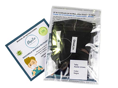 1 Mascarilla Negra Homologada Reutilizable, Talla Unisex, No Necesita Filtro. Cetificado (C-13674) Cumple Norma UNE 0065:2020. 100% Algodón Orgánico Antibacteriano. (1 Unisex, Negro) 1 Mascarilla Negra Homologada Reutilizable, Talla Unisex, No Necesita Filtro. Cetificado (C-13674) Cumple Norma UNE 0065:2020. 100% Algodón Orgánico Antibacteriano. (1 Unisex, Negro)