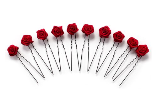 10 horquillas con rosas - accesorios para el cabello - para cabello plano - negro - Rojo Burdeos