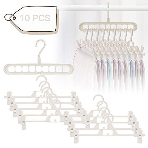 10 perchas con fuertes clips antideslizantes ajustables, ahorran espacio, organizador de perchas estable, gancho mágico para pantalones, calcetines y faldas, color blanco