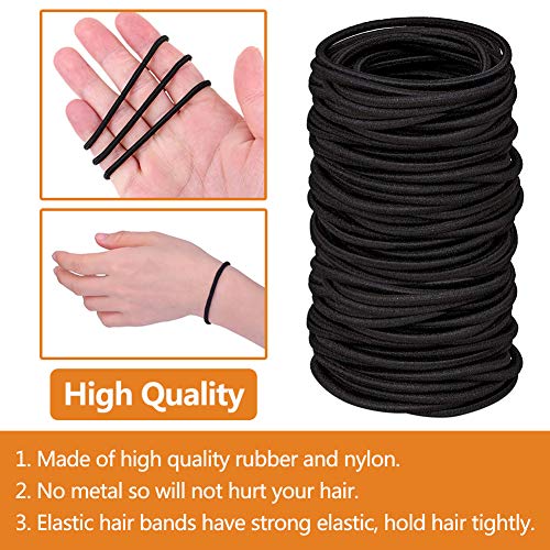 100 Piezas Elástico Pelo Gomas sin Metal Suave Elástico, 2 mm en Espesor Pelo de Niñas Pequeñas Coleteros Elásticos para el Pelo Grueso y Rizado para Mujeres y Niñas, Negro