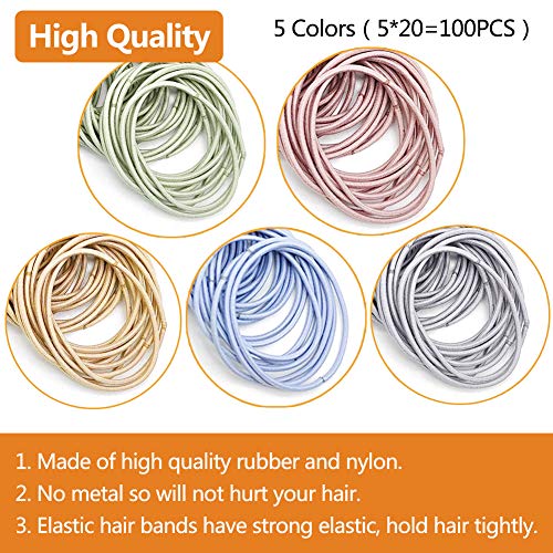 100 Piezas Multicolor Elástico Pelo Gomas sin Metal Suave Elástico, 2 mm en Espesor Pelo de Niñas Pequeñas Coleteros Elásticos para el Pelo Grueso y Rizado para Mujeres y Niñas