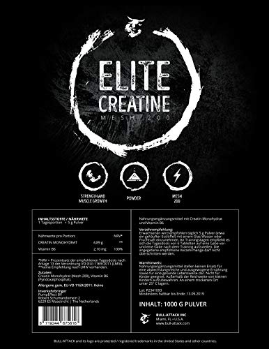 1000g / 1kg CREATINA ELITE | 200 porciones de creatina monohidratada con vitamina B6 | polvo de creatina micronizado | factor de malla 200 ultrafino para una absorción óptima