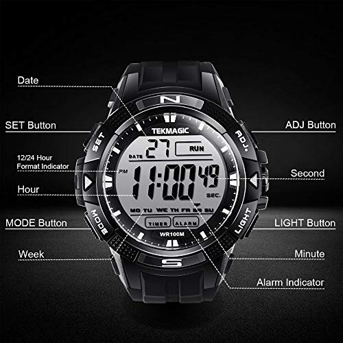 100m Digital Sumergible Impermeable Nadando Reloj de Pulsera con Funciones de Alarma y Cronómetro, Soporte Zona Horaria Dual, Temporizador de Cuenta Regresiva, Formato de 12/24 Horas