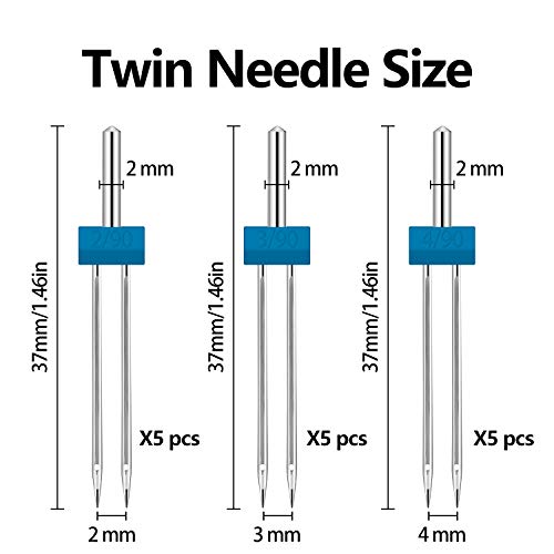 15 Piezas Agujas Gemelas Aguja Doble con 2 Piezas 9 Surcos Prensatelas Accesorios de Máquinas de Coser para Máquina de Coser del Hogar, 3 Tamaños Mixtos 2,0/90, 3,0/90, 4,0/90