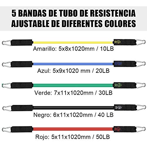 15Pcs Bandas Elásticas Resistencia Fitness, 5 Tubos de látex/Cubierta Protectora/Manijas/Ancla de Puerta/Correas de Tobillo, 5 Bandas Elásticas,Crossfit (Bandas Elásticas + Cintas Elástica)