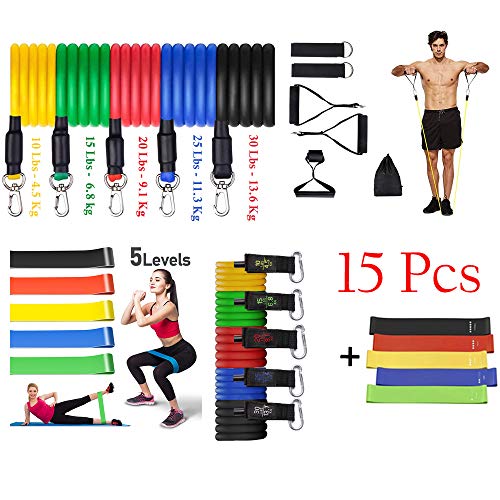 15Pcs Bandas Elásticas Resistencia Fitness, 5 Tubos de látex/Cubierta Protectora/Manijas/Ancla de Puerta/Correas de Tobillo, 5 Bandas Elásticas,Crossfit (Bandas Elásticas + Cintas Elástica)