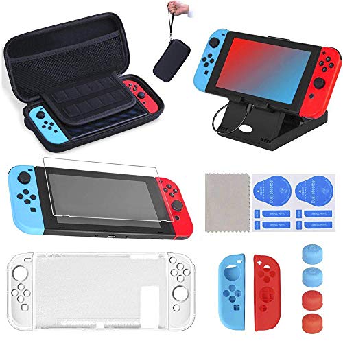 16 en 1 Kit de Accesorios para Nintendo Switch, Funda para Nintendo Switch con 10 Cartucho de Juego | Carcasa de Silicona y Plastico | Protector de Pantalla | Tapas para Joystick | Soporte Ajustable