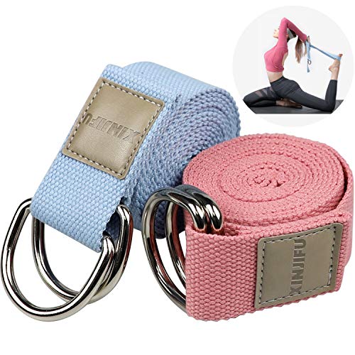 183 cm Correa para Yoga, Algodon Correas de Yoga Ajustable, Cinturón para Estiramientoscon Hebilla Metal D-Anillos para Ejercicios para Ejercicios de Estiramiento, Fitness y Pilates,2pcs (rojo y azul)