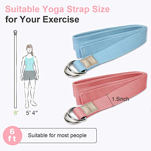 183 cm Correa para Yoga, Algodon Correas de Yoga Ajustable, Cinturón para Estiramientoscon Hebilla Metal D-Anillos para Ejercicios para Ejercicios de Estiramiento, Fitness y Pilates,2pcs (rojo y azul)