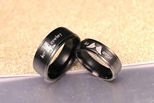 2 Piezas Anillos de Acero Compromiso Grabado Her Cowboy y His Angel Negro Negro Mujer Talla 20 + Hombre Talla 22