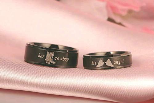 2 Piezas Anillos de Acero Compromiso Grabado Her Cowboy y His Angel Negro Negro Mujer Talla 20 + Hombre Talla 22