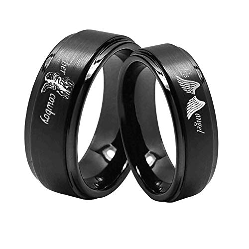 2 Piezas Anillos de Acero Compromiso Grabado Her Cowboy y His Angel Negro Negro Mujer Talla 20 + Hombre Talla 22