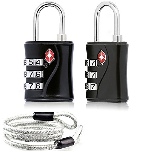 2 x TSA Candado Combinacion Seguridad Maleta Equipaje Taquilla Candados Viaje Taquilla Lock eeuu con Cable de Bloqueo 100 cm (Negro)