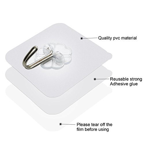 20 Pack Adhesive Strong Nail Free Reusable transparente Heavy Duty Bathroom Kitchen Door Hook Ceiling Hanger, Waterproof & oilpr impermeable, (10 kg/22 libras Max)