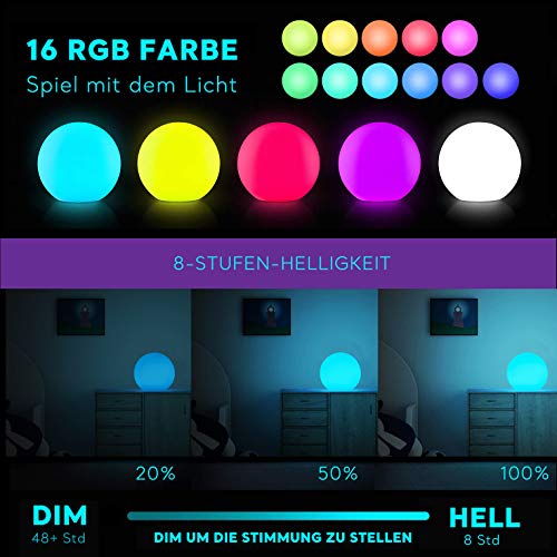 20cm Lámpara Bola LED, Luz Nocturna Infantil Recargable, 8 Brillo Regulables - 16 Colores RGB Ajustables - 4 Modos de Color-cambiante, Lámpara de Mesa Luz de Noche Pilas para Bebé Niños Cuarto