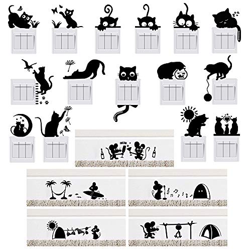 20pcs Pegatinas Pared para Interruptor de Luz Enchufes Rodapié Vinilos Pared Gatos Ratón Stickers Adhesivos Decorativos Habitación Dormitorio Salón