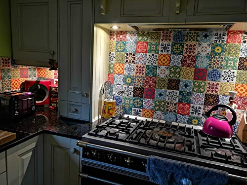 24x Color de la mezcla Lámina impresa 2d PEGATINAS lisas para pegar sobre azulejos cuadrados de 15cm en cocina, baños – resistentes al agua y aceite, Azulejos decorativos adhesivos