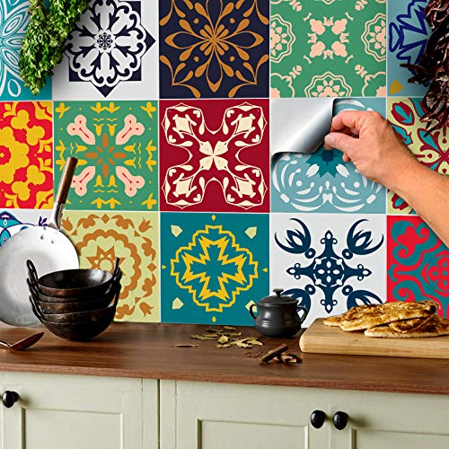 24x Color de la mezcla Lámina impresa 2d PEGATINAS lisas para pegar sobre azulejos cuadrados de 15cm en cocina, baños – resistentes al agua y aceite, Azulejos decorativos adhesivos