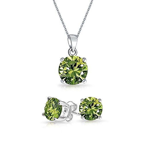 2Ct Solitario Redondo Colgante Verde Oliva Anillos Juego De Zirconia Cúbico Peridot Simulado Placa Rodio Plata 925 18A