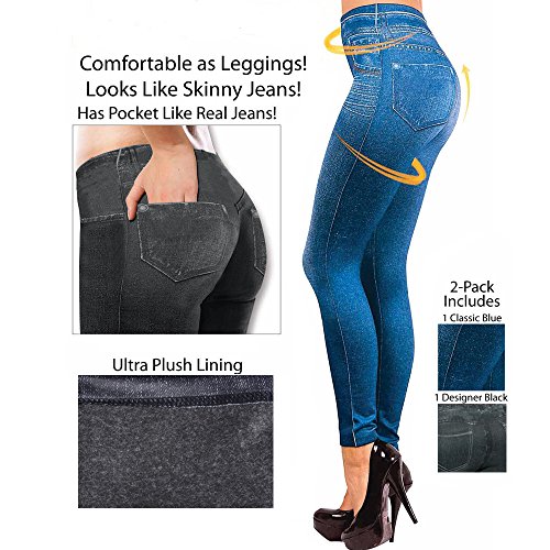 2Pcs Leggings Leggins Jeggings Vaqueros Pantalones Elásticos para Mujer Azul y Negro (XXL)