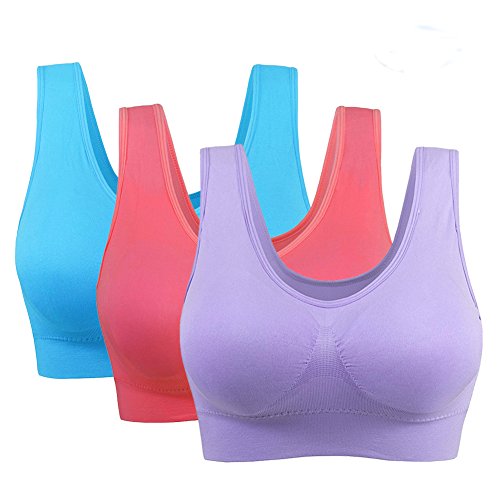 3 Piezas Sujetador Deportivo para Mujeres Sin Costuras Yoga Racerback Top con Almohadillas Extraíbles Ultimate Corriendo Gimnasio Ropa (2XL: 42/44, Azul&Sandía&Morado)