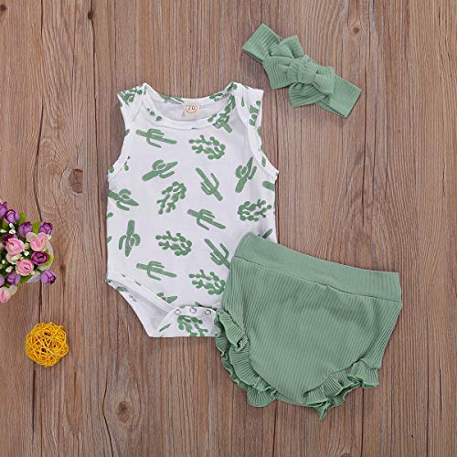 3 uds, Trajes de Verano para bebés, niños y niñas, Pantalones Cortos de algodón de Manga Corta con Volantes, Pantalones + Diadema (Green, 9-12 Months)