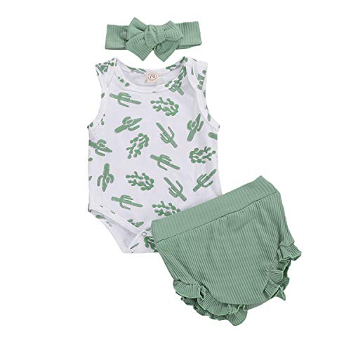 3 uds, Trajes de Verano para bebés, niños y niñas, Pantalones Cortos de algodón de Manga Corta con Volantes, Pantalones + Diadema (Green, 9-12 Months)