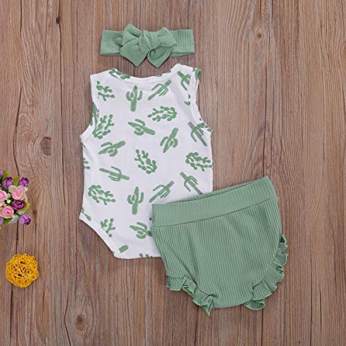 3 uds, Trajes de Verano para bebés, niños y niñas, Pantalones Cortos de algodón de Manga Corta con Volantes, Pantalones + Diadema (Green, 9-12 Months)