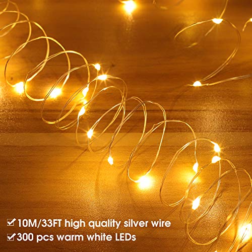 300LED Cortina de Luces – 3m, USB con Control Remoto Impermeable Luz Cadena Navidad, 8 Modos de Luces, Resistente al aguapara para Decoración Ventana, interiores, Navidad, Fiestas (Blanco cálido)