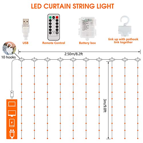 300LED Cortina de Luces – 3m, USB con Control Remoto Impermeable Luz Cadena Navidad, 8 Modos de Luces, Resistente al aguapara para Decoración Ventana, interiores, Navidad, Fiestas (Blanco cálido)