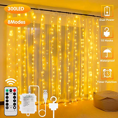 300LED Cortina de Luces – 3m, USB con Control Remoto Impermeable Luz Cadena Navidad, 8 Modos de Luces, Resistente al aguapara para Decoración Ventana, interiores, Navidad, Fiestas (Blanco cálido)