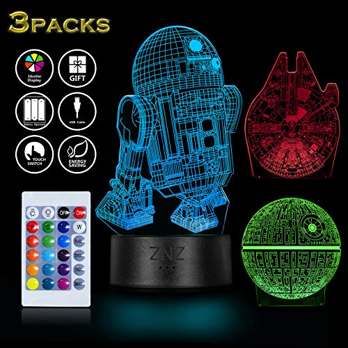 3D LED Star Wars Luz de noche, Lámpara de ilusión Death Star + R2-D2 + Millennium Falcon, Tres patrones y 16 colores Lámpara de decoración Cambio - Regalo perfectos para niño - 3 paquete