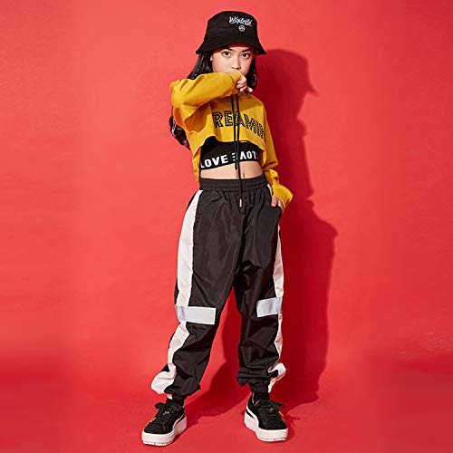 3Pcs Girls Hip Hop Dance Costume Niños Street Dance Clothes Set Sudadera Corta con Capucha, Camiseta sin Mangas, Pantalones Reflectantes