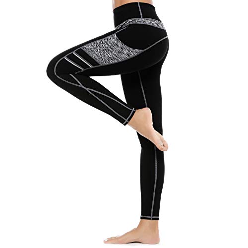 3W GRT Leggings mujer fitness,Mallas Deportivas de Mujer,Pantalones elásticos de yoga con bolsillos laterales,polainas de yoga Fitness,Yoga (Negro&Gris-331, L)