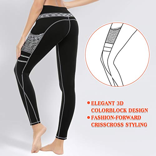 3W GRT Leggings mujer fitness,Mallas Deportivas de Mujer,Pantalones elásticos de yoga con bolsillos laterales,polainas de yoga Fitness,Yoga (Negro&Gris-331, XXL=EUR42)