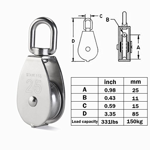 4 Piezas M25 Soltero Polea Bloquear, Creatiees 304 Inoxidable Acero Polea Rodillo, Grua Swivel Gancho Suave Wire Cuerda Cable Cargando 331lbs/150kg