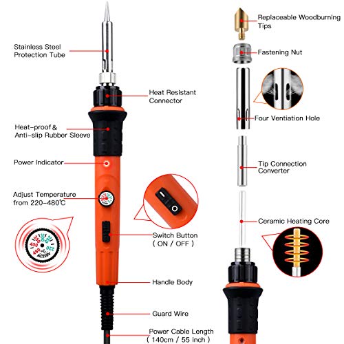 45pcs Kit Pirograbador de Madera,Preciva Kit Pirograbdores Electrico 60W Temperatura Regulable entre 220° C y 480° C, Soldador Pirografo Profesional para Madera, Cuero, Grabado