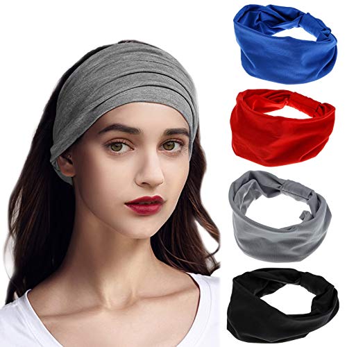 4Pcs Cintas Pelo Mujer Anchas Diademas Yoga Turbantes Mujer Elásticas Pañuelos Pelo Cabeza Mujer Bandas para el Cabello para Yoga Deporte Fitness Lavar Tu Cara (azul, rojo, negro, gris)