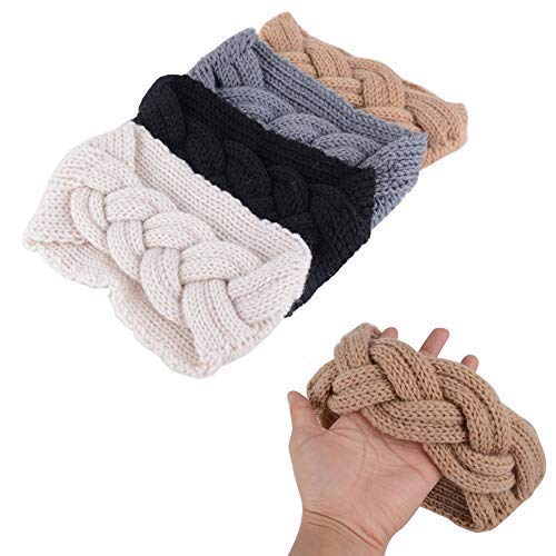 4pcs Diadema Mujer Invierno de Punto Diadema Ancha Nudo de Lana Venda de Pelo Banda de Pelo Diadema Turbante Mujer para Pelo Turbante Invierno Cinta de Pelo (Negro + Gris Medio + Beige + Caqui)