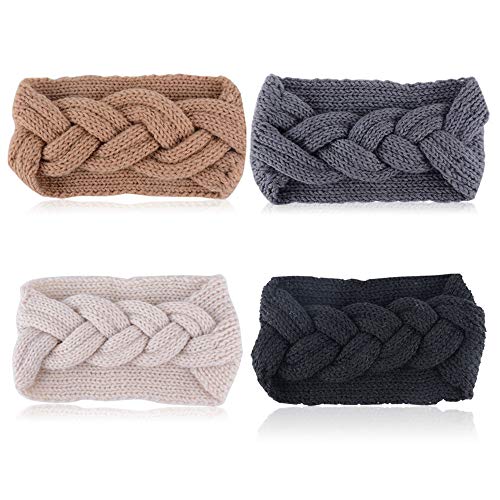 4pcs Diadema Mujer Invierno de Punto Diadema Ancha Nudo de Lana Venda de Pelo Banda de Pelo Diadema Turbante Mujer para Pelo Turbante Invierno Cinta de Pelo (Negro + Gris Medio + Beige + Caqui)