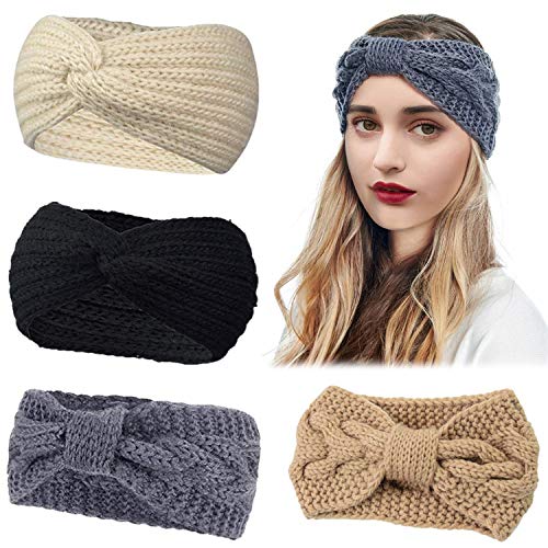 4Pcs Diademas Mujer Invierno Turbantes Cintas de Pelo de Punto Anchas Diadema Cabeza Lana Mujer Nudo de Arco Tejida Banda Oido Calentador Otoño Invierno Accesorios para el Cabello para Mujer