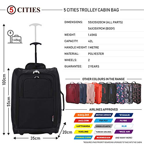 5 Cities Ryanair Cabin Approved Main & Second Hand Luggage Set - Carry On Both! Equipaje de mano, 55x35x20cm, 42 liters, Negro (Black)