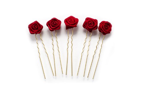 5 horquillas con rosas - accesorios para el cabello - para cabello plano - oro - Rojo Burdeos